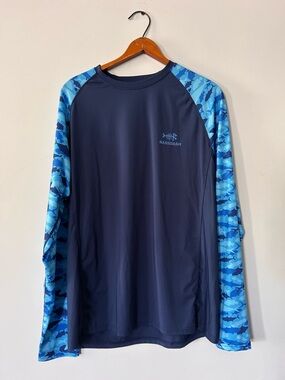 Bassdash Men’s Med UPF 50+ Long Sleeve Fishing Shirt Blue Shark Camo Sun Shirt